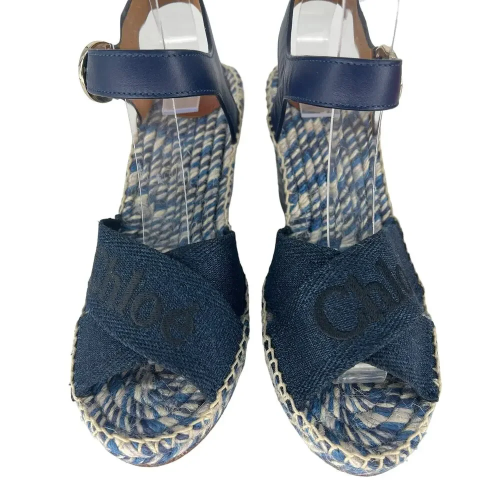 Chloe Piia Denim Logo Espadrille Wedge Sandals with Leather Straps‎ Size 36